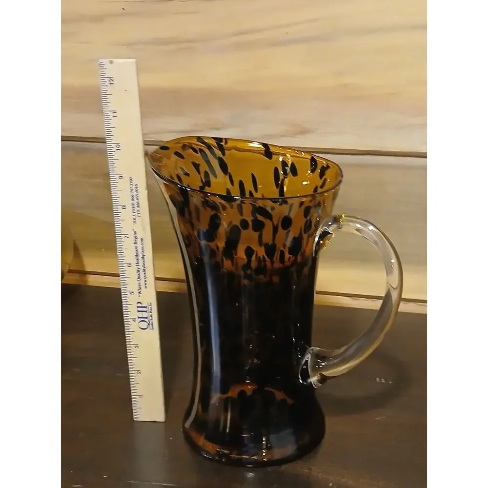 Vintage Blown Glass Leopard Print Pitcher Amber Brown Clear Handle - Small Chips